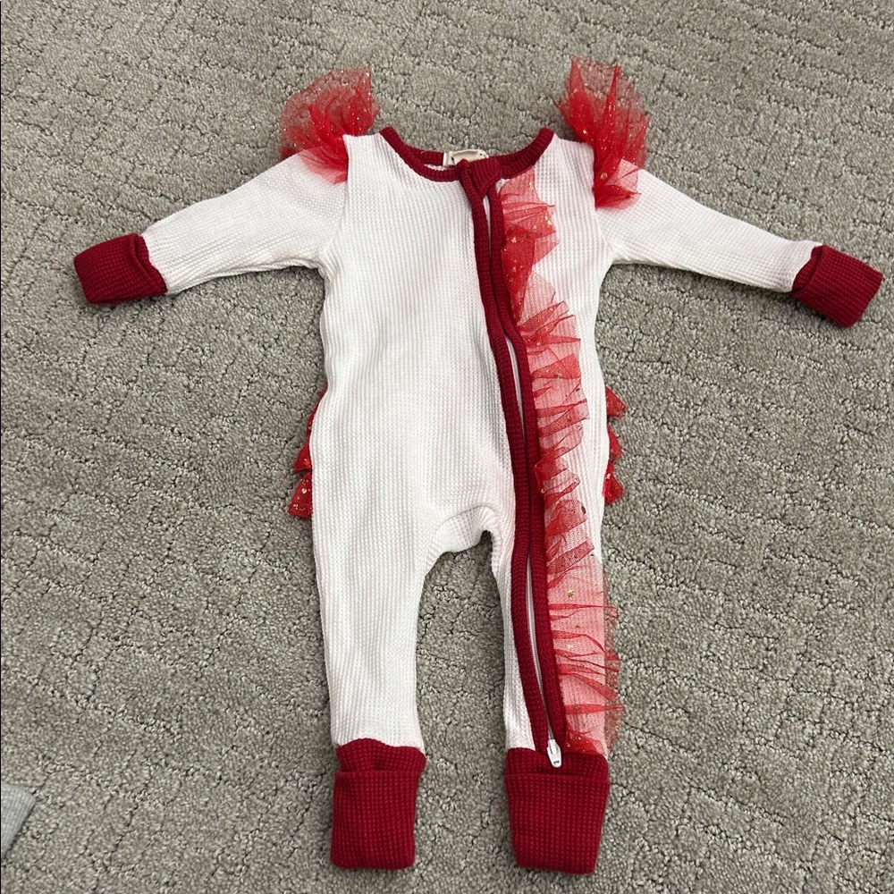 White and Red Ruffle-Trim Footie One-Piece for Kids